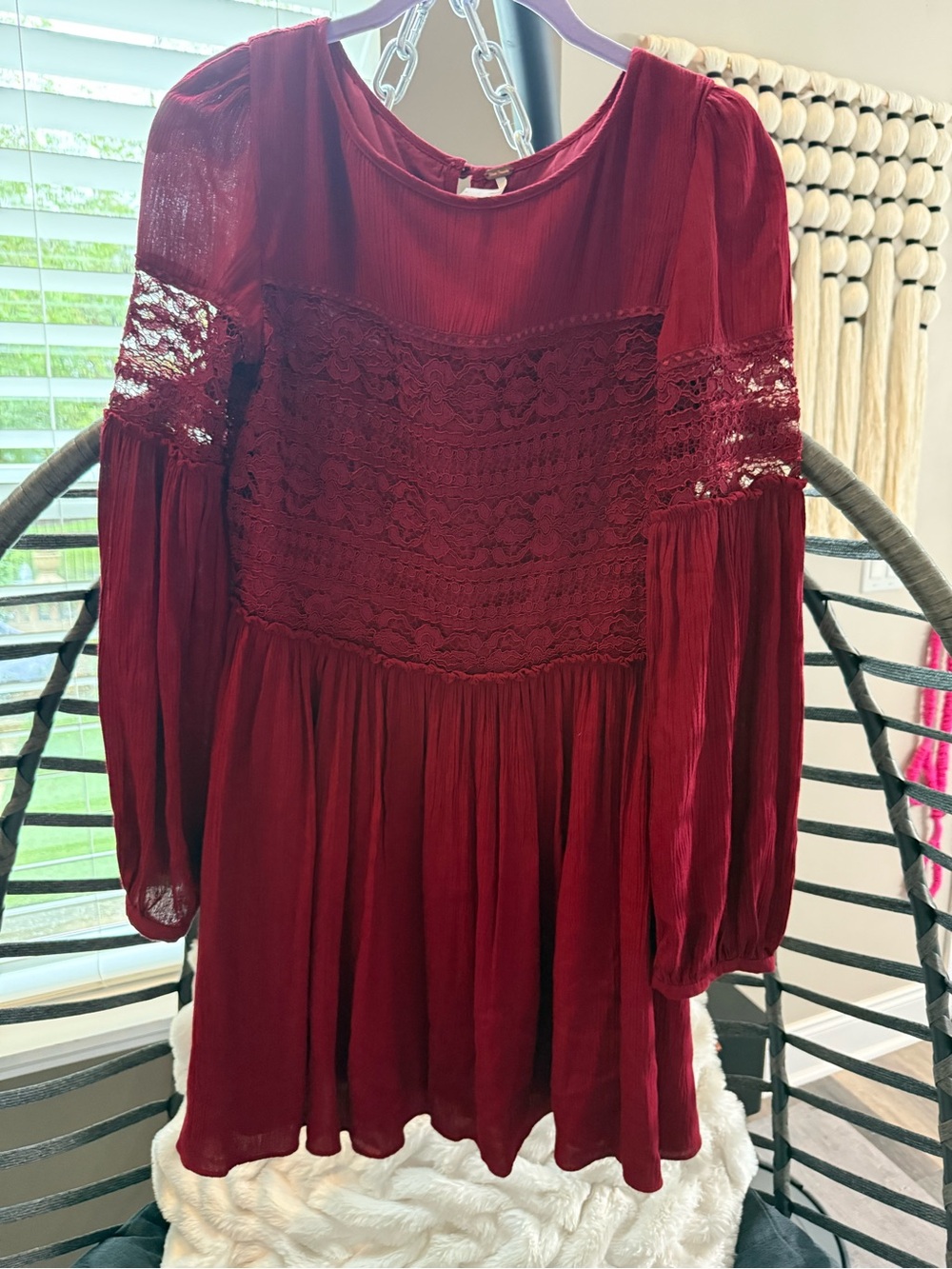 Free People Burgundy Lace-Detail Long Sleeve Dress Size 0